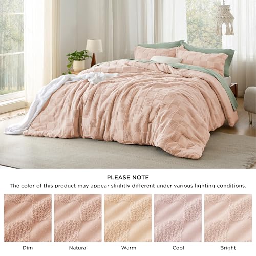 Image of Bedsure Dusty Rose Queen Size Comforter Set, Boho Tufted Bed Set, Checkered Farmhouse-Style Distressed Vintage Bedding, 3 Pieces, 1 Plaid Geometric Comforter and 2 Pillow Shams