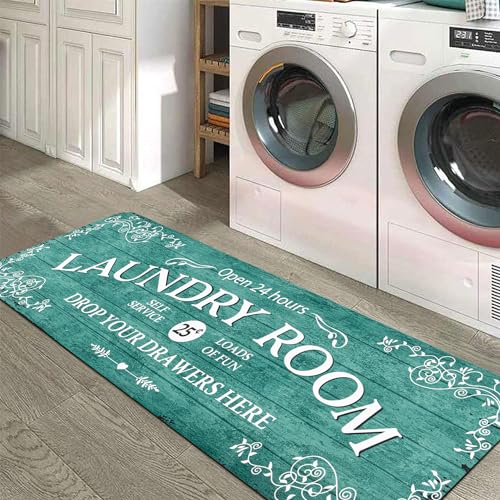 Lahome Farmhouse Laundry Room Rug Runner 20"x59" Laundry Rugs and Mats for Laundry Room Non Skid Washable Floor Carpet Runner Rug for Washroom Mudroom Kitchen Bathroom Hallway Decor, Teal 1'
