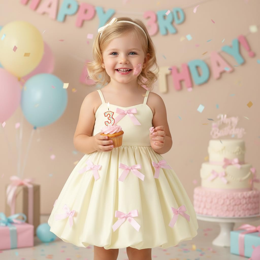 IDOPIP Kleinkind Mädchen Rosa Schleife Geburtstag Kleid Blasensaum Prinzessin Blumenmädchen Hochzeit Festzug formelle Party Kleider Fotoshooting