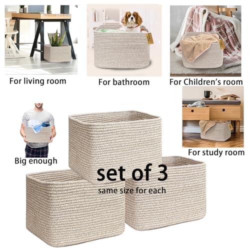 Image of COMFY-HOMI 3PACK Cotton Rope Square Basket with Handles for Shelves| Storage|Baby Basket for GIF|Shoe Basket for Organizing|New13.5 inch x 11 inch x 9.5 inch for Living Room