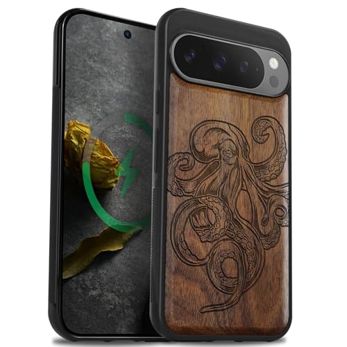 Carveit Magnetic Wooden Case for Google Pixel 9 Pro XL Case, Wood Artisan Engraved & Soft TPU Shockproof Cover, Compatible with MagSafe Wireless Chargers (Octopus Drawing) Walnut