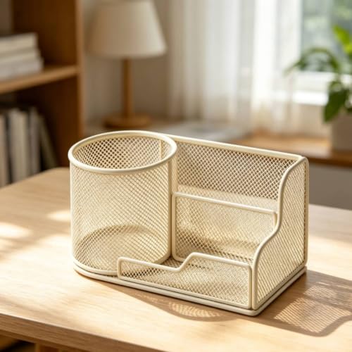 Image of Multipurpose Iron Mesh Desktop Organizer Stable Base Desktop Organizer with Cylindrical Holder Open-Access Multi-Compartment Mesh Pen Holder Space-Saving for Home Office, Vanity, Craft Area, Pink