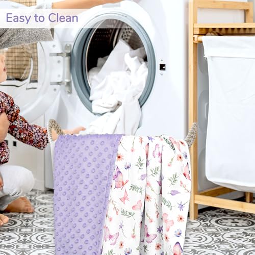 Image of Pea Pod Baby Girls Blanket Soft Butterfly Minky Blanket for Newborn, 30'' x 40'' Double Layer Design, Dotted Backing Warm Baby Quilt Crib Blanket for Nursery /Stroller /Toddler Bed /Baby Car Seat