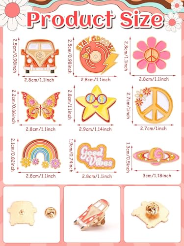 Image of JUNEBRUSHS 28pcs Hippie Enamel Brooch Pins Groovy Retro Butterfly Daisy Flower Ribbon Lapel Pins for Women Girl Clothes Bags Groovy Hippie 60s 70s Party Decorations Accessories