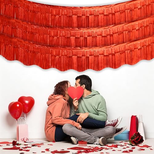 Image of LOLStar Red Foil Fringe Tinsel Garland, Tinsel Streamers Banner, 6 Pack | 60Ft Tinsel Streamers, Shiny Red Wall Hanging Tinsel Fringe Banners for Valentines Day, Parade Float, Christmas Party Decor