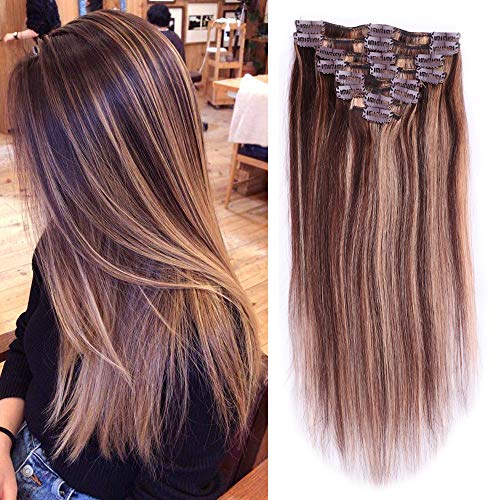 Larhali Clip in Hair Extensions Remy Human Hair for Women 18 inch 8pcs 100g Real Hair Extensions (18 Inch, #4/27 Medium Brown/Dark Blonde)