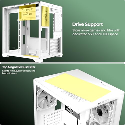 Image of Zebronics Cube Gaming PC Cabinet, 240mm Radiator Support, mATX /ITX Compatibility, 270 Tempered Glass, Magnetic Dust Filter, Bottom PSU Mount, Clean Dual Chamber Layout (Mercury 15, White)
