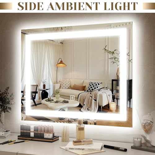 Image of ROLOVE 22x19 Inch Lighted Vanity Mirror, Large LED Makeup Mirror with 3 Color Modes, Dimmable Touch Control, Wall Mount & Tabletop, with Detachable 10X Magnification Mirror, White
