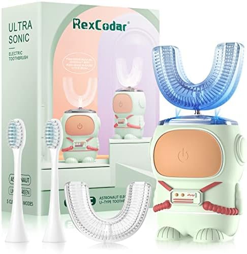 RexCodar Cepillo de dientes eléctrico ultrasónico en forma de U para niños, IPX7 impermeable, cinco modos de limpieza, astronauta de dibujos