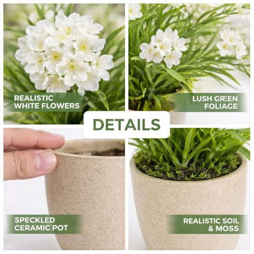 Image of Garden Art Artificial Lavender Flower Bush in Decorative Pot - Realistic Faux Plant for Home & Office Tabletop Decor (P-0155White)