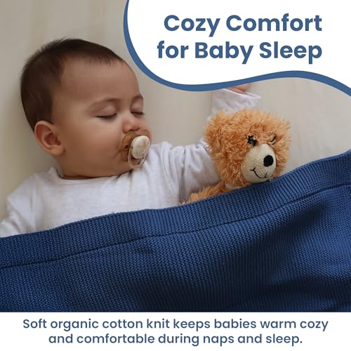 Image of Organic Cotton Baby Blanket 30x40 in, Aegean Blue - GOTS Certified, Soft Knit Swaddle with Gift Box, Breathable Nursery Blanket for Crib & Stroller, Machine Washable