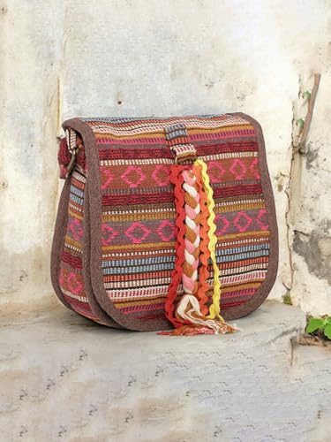 Image of The House of tara Ethnic Handloom Crossbody Sling Bag | Embellished with Tassels and Trims. Flap Closure Snap Button | Multicolour Crossbody Bag for Women | Handmade | Elegant Design