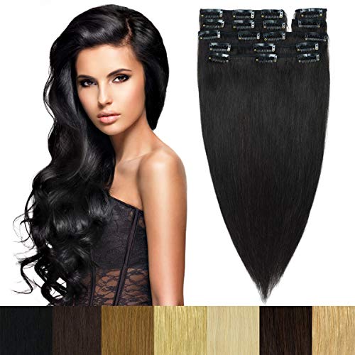 Modernfairy Hair Clip in Human Hair Extensions Real Remy Full Head Thick Straight Hair Piece for Women 8Pcs 18 Clips 22"-75g Jet Black (#1)