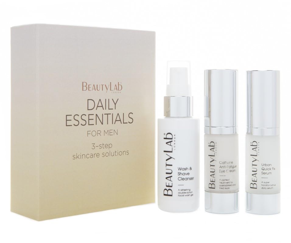 BEAUTYLAB Daily Essentials Gift Set for Men Wash & Shave Cleanser, Serum, & Eye Cream, 3-Step Routine to Hydrate, Smooth