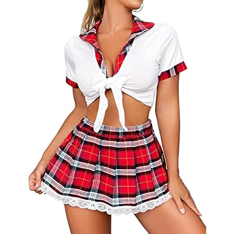 Xnova Women Lingerie School Girl Cosplay Uniform Lingerie Babydoll 2 pcs Set Roleplay V Neck Student Costumes Bodysuit Lace Trim Plaid Mini Dress with Crop Top(White,M) Cover