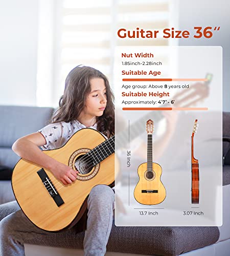 Image of Classical Guitar 36 inch 3 /4 Spanish Style Classical Guitarra, 36 Inch Nylon Strings Guitar Ideal for Beginner Teens Adults, Natural Spruce, by Vangoa