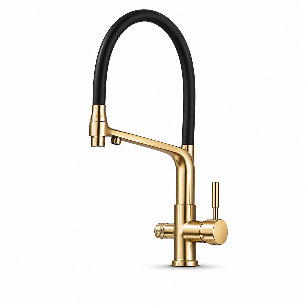 Grifo de cocina flexible de 3 vías con ducha extraíble, tubería de agua potable separada para filtro de agua, caño giratorio 360°, cuerpo de latón, montaje de un solo orificio (dorado)