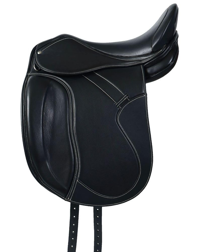 A&M Reitsport Dressur Sattel 1146 aus Leder, wechselbares Kopfeisen, Polyflex Baum, Schwarz, Größe:17.5 Zoll