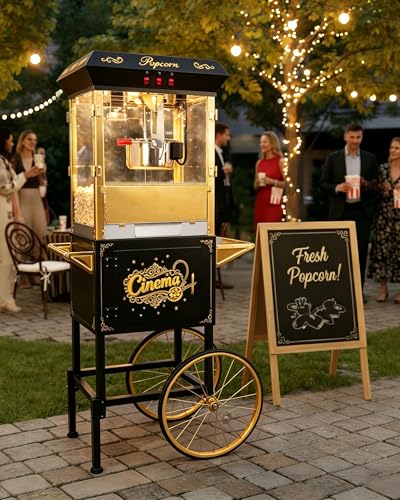 Image of Large Popcorn Machine with Cart: Vintage Commercial Popcorn Maker Movie Theater Style Makes Up to 64 Cups for Home Party Office, 16 Oz Popcorn Machine with Cart, Black
