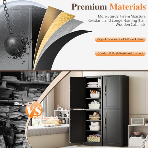 Image of Metal Locker Storage Cabinet Tall Narrow Storage Cabinets with 3 Adjustable Shelves and for Home Office, Living Room, Dining Room (Black 2 Door)