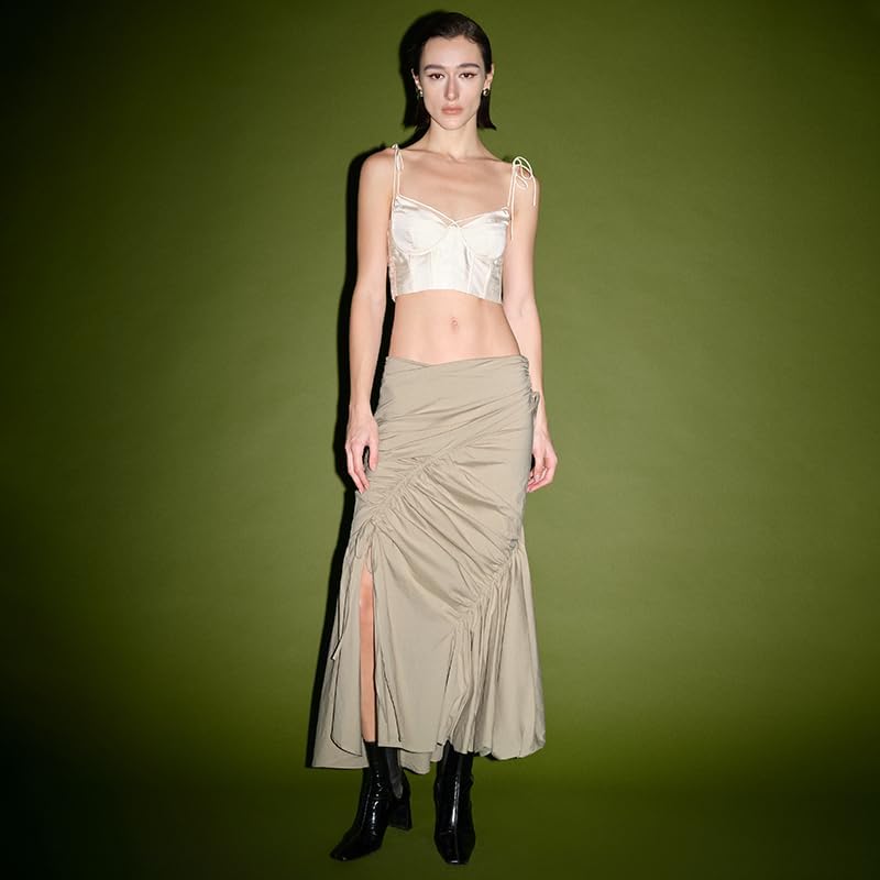 URBAN REVIVO Women's Skirts Summer Drawstring Ruched Midi Skirt with Slit Asymmetrical Trendy 2025 - Image 2