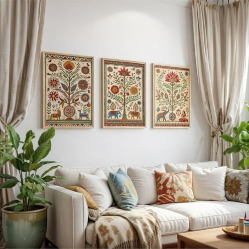 Image of Livin'luxe Indian Folk Art Floral Wall Painting Set of 3 with Wooden Frames | Traditional Ethnic Artwork HD Sparkle Laminated MDF Wall Decor | Boho Botanical Wall Art for Living Room Bedroom Decor