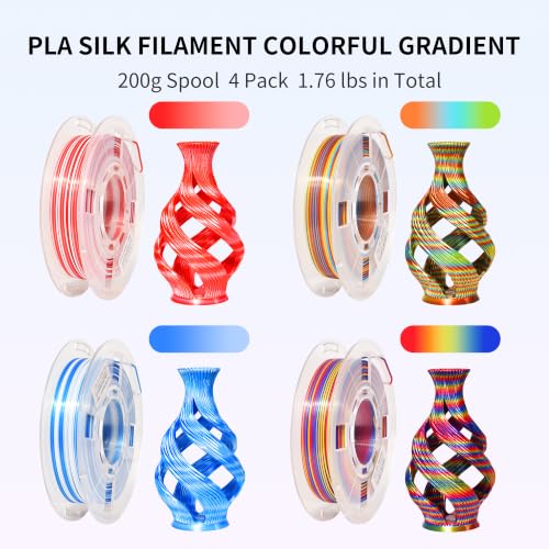Image of RAMBERY 3D Printer Filament Bundle Silk Rainbow PLA Filament, Multicolor Fast Color Change Toughness Upgraded 3D Printing Filament, 1.75mm 200gX4 Spools