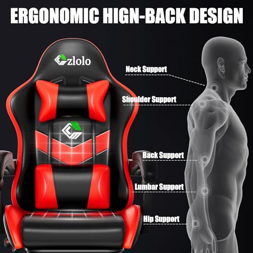 Image of Czlolo Gaming Chair, Ergonomic Office Computer Chair with Footrest and Lumbar Support Massager High Back Video Gamer Chair, Wide&Thick Cushion, 90-135 Recline, Adjustable Height, Crimson