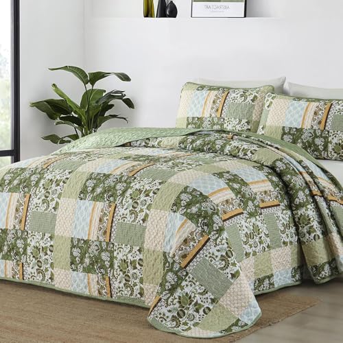 WONGS BEDDING Bettwäsche-Set in voller Größe, grün, 3-teilig, Patchwork-Tagesdecke, Überwurf-Set, weiche Mikrofaser, Blumenmuster, für alle Jahreszeiten (200 x 228 cm)