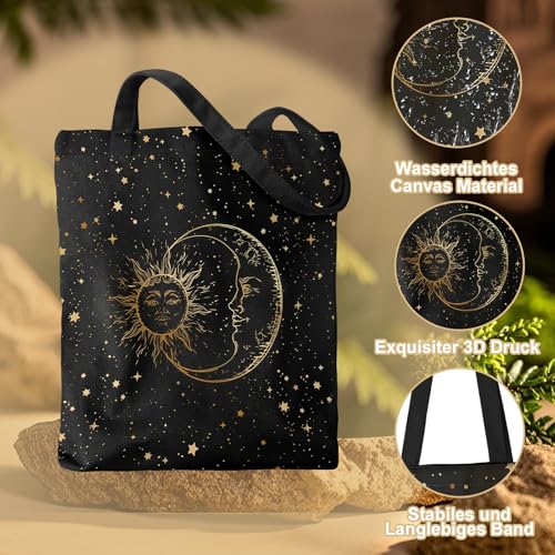 Yoljun Tote Bag Schwarz Stern Mond Motiv, Canvas Stofftasche Damen, Baumwolltasche Beutel, Geschenke Tasche Geschenk für Arbeit Reisen