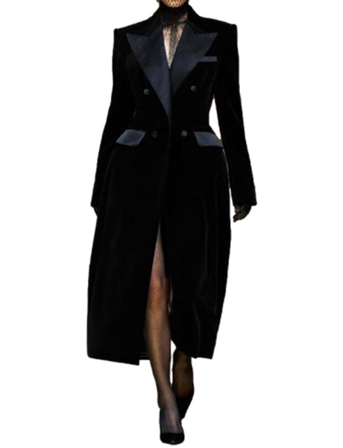 Womens Velvet Long Coat Double Breasted Buttons Blazer Formal Banquet Outfits