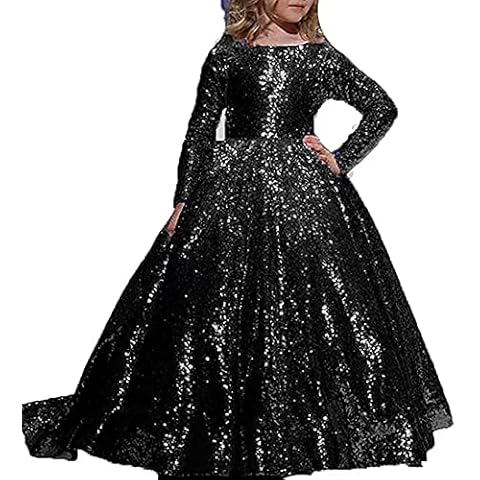 Fuomomo Shiny Wedding Flower Girl Dress Sequined Pageant Ball Gown Kids Party Dresses Maxi Length Long Sleeve Black Cover