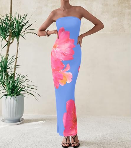 Image of PRETTYGARDEN Women Summer Strapless Maxi Dress Bodycon Floral Sexy Long Wedding Guest Dress Formal Tube Mesh Cocktail Dresses