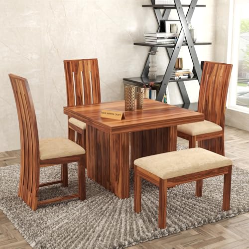 Image of Solid Sheesham Wood Dining Room Sets 4 Seater Dining Table with 3 Chairs & 1 Bench for Dining Room, Living Room, Kitchen, Hotel, Restaurant, Cafeteria (Estra, Honey Finish)