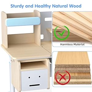 FCD Wood Adjustable Height Kids Study Desk with Chair Drafting Table Computer Station Built-in Bookshelf Hutch Multi Function (Blue, Desk and Chair) FCD Wood Adjustable Height Kids Study Desk with Chair Drafting Table Computer Station Built in Bookshelf Hutch Multi Function Blue Desk and Chair