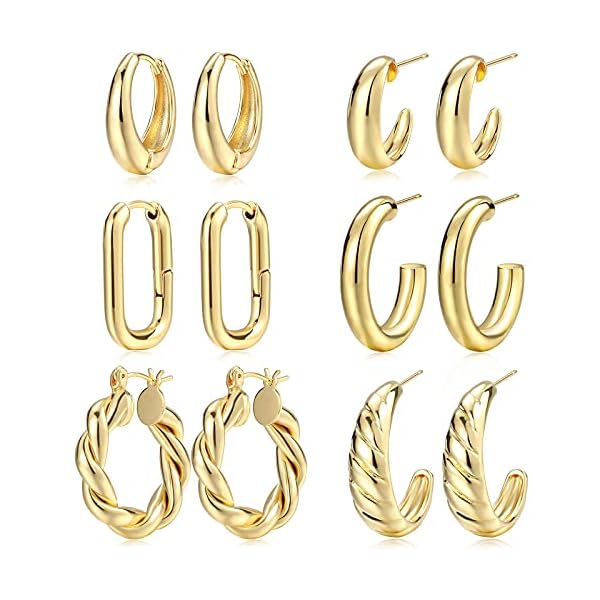 Gold Hoop Earrings Set for Women, 6 Pairs 14K Gold Plated Lightweight Hypoallergenic Chunky Open Twisted Hoops Earrings Pack Jewelry