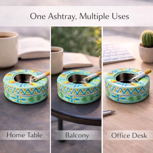 Image of iHandikart Handpainted Ash Tray 4x2 Inch | Metal Ashtray for Home, Table & Car Use | Multicolour Decorative Ashtray | Handmade Smoking Accessories for Indoor & Outdoor Use(Sky Blue)