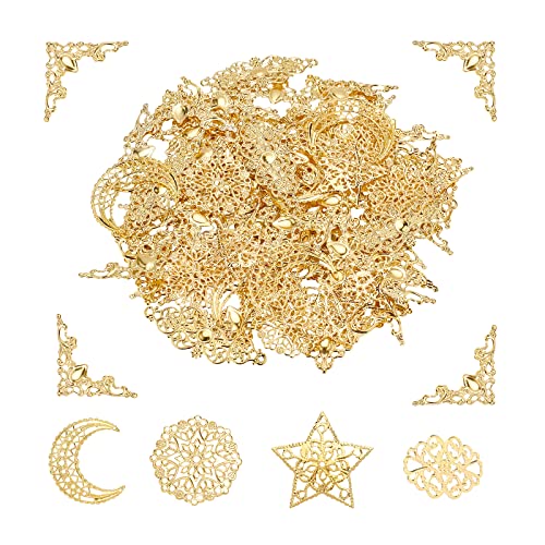 PH PandaHall 96pcs Iron Filigree Corner Embellishments Corner Protectors Hollow Triangle Wrap Connector with Filigree Pendant Connector Joiners Links Large Resin Fillers for Christmas Jewelry Making