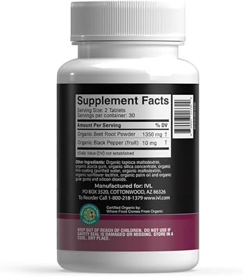 IVL Organic Beet Root Circulation Support Supplement, 60 Tablets, 1350mg with Black Pepper, USDA Certified