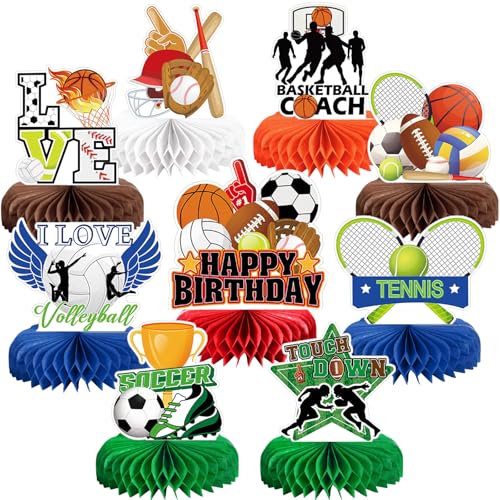 Image of 9pcs Sports Birthday Party Decorations, Sports Themed Honeycomb Centerpiece 3D Double Sided Table Decor for Birthday Competition Party Decorations& Favors