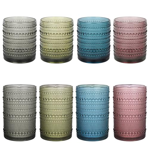 Image of ZMOWIPDL 12oz & 15oz Hobnail Drinking Glasses,Colored Glass Cups Set of 8 | Vintage Highball Glassware,Kitchen Drinkware,Embossed Water Tumbler,for Beer,Cocktail,Whiskey,Juice,Various Mixed Drinks