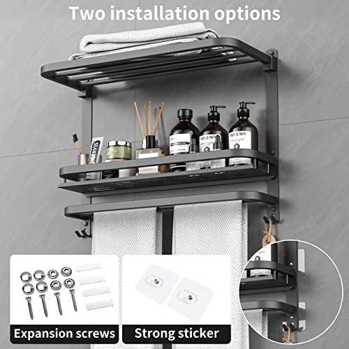 Foto de Toallero de 22.8 pulgadas para baño y lavabo con barras de toalla de montaje en pared, acero inoxidable 304, sin taladrar (toallero plegable negro con estantes de ducha organizadores) (imagen 5)