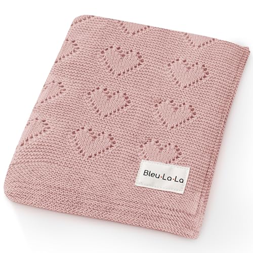 Image of Bleu La La Swaddling Blanket for Girls - 100% Luxury Cotton Knit Heart Baby Blanket - Soft Warm Cozy Swaddle Receiving Stroller Crib Receiving Blanket for Newborns Infants & Toddlers (Pink, 0-2 Years)