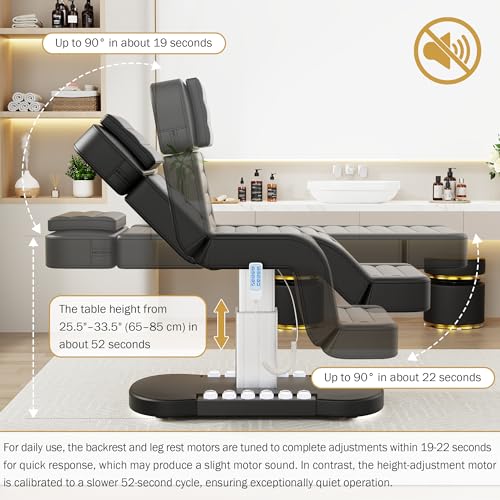 Image of Fully Electric Spa Table /Chair with LED Light, 3 Motor Height, Backrest, Leg Support Adjustable for Massage, Facial, Medical, Tattoo, Waxing, Eyelash Extension, Beauty Salon and More - Black