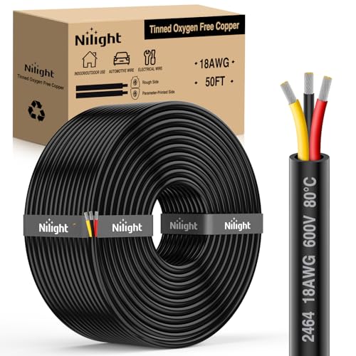 Image of Nilight 50FT 18AWG 3 Conductor Wire Tinned Copper Red Black Yellow | 3 Electrical Wire Tinned Oxygen Free Copper Parallel 600V DC Flexible PVC Case Extension Cords for LED Strip Lamp Lighting