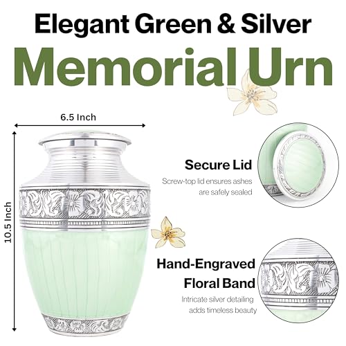Image of Large Cremation Urn for Human Ashes Adult - Handcrafted Aluminum Memorial Urn for Men & Women, Secure Screw-Top Lid, 200 Cubic Inches, Decorative Funeral Burial Urn for Home Display, Green Silver