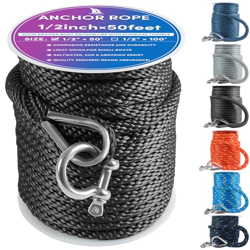Premium Anchor Rope 50 ft x 1/2 inch Solid Braid MFP Anchor Line Boat Rope with Thimble & Shackle - Black