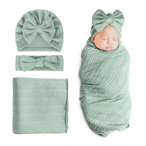 Image of DRESHOW BQUBO Newborn Receiving Blanket Toddler Warm for Girls with Bow Hat and Bow Headband Shower Gift