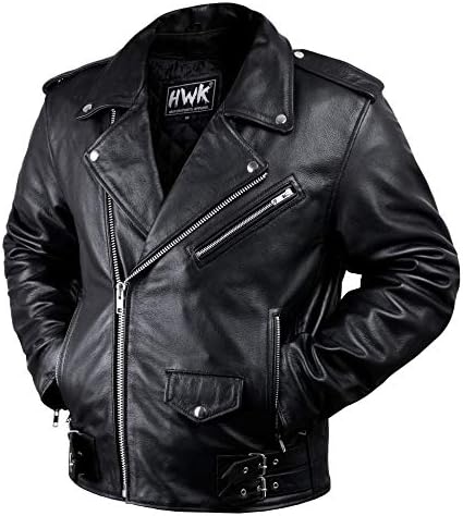 HWK Brando Leather Motorcycle Jacket for Men, Genuine Black Leather Jacket with Removable CE Armor for Motorbike Riding