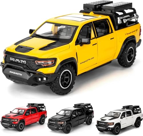 Image of 1 /32 Ram Pickup Truck Diecast Model Toy Car Metal Truck with Sound & Light Pull Back Friction Powered Toy Vehicle Openable Doors Collectible Gift for Kids & Boys (Yellow)